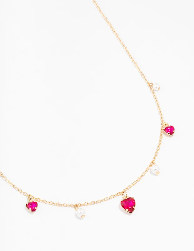 ruby necklace for women-Gold Pearl And Diamante Heart Droplet Necklace