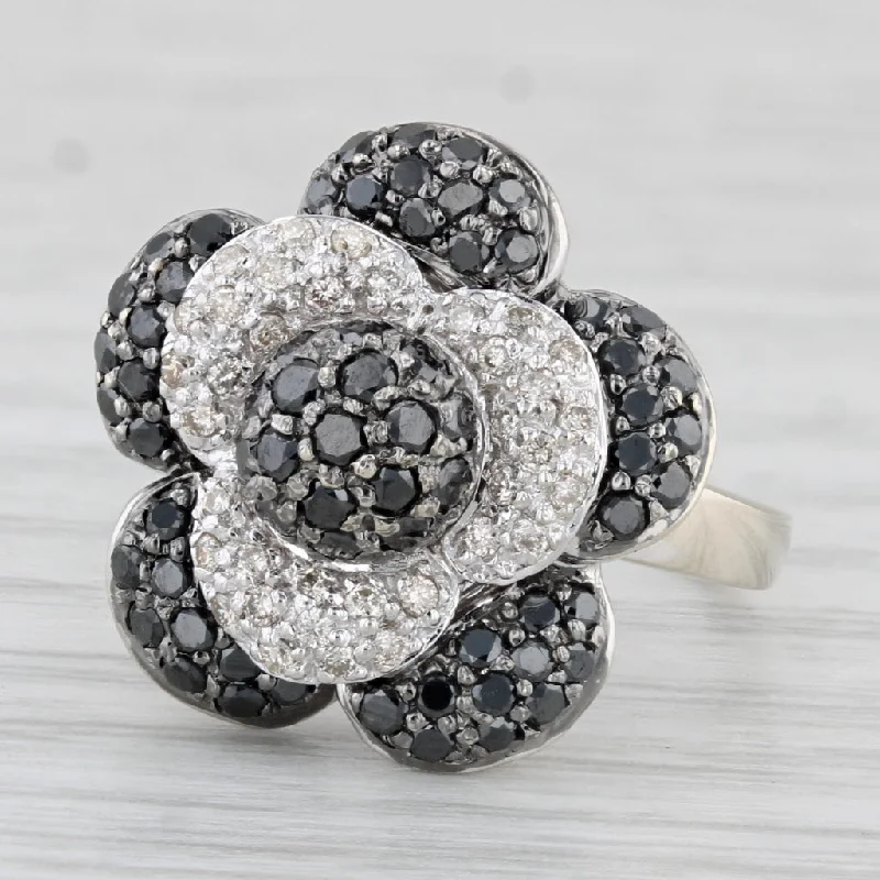 vintage style engagement rings for women-1ctw Black White Diamond Flower Ring 14k White Gold Size 6.75 Cocktail