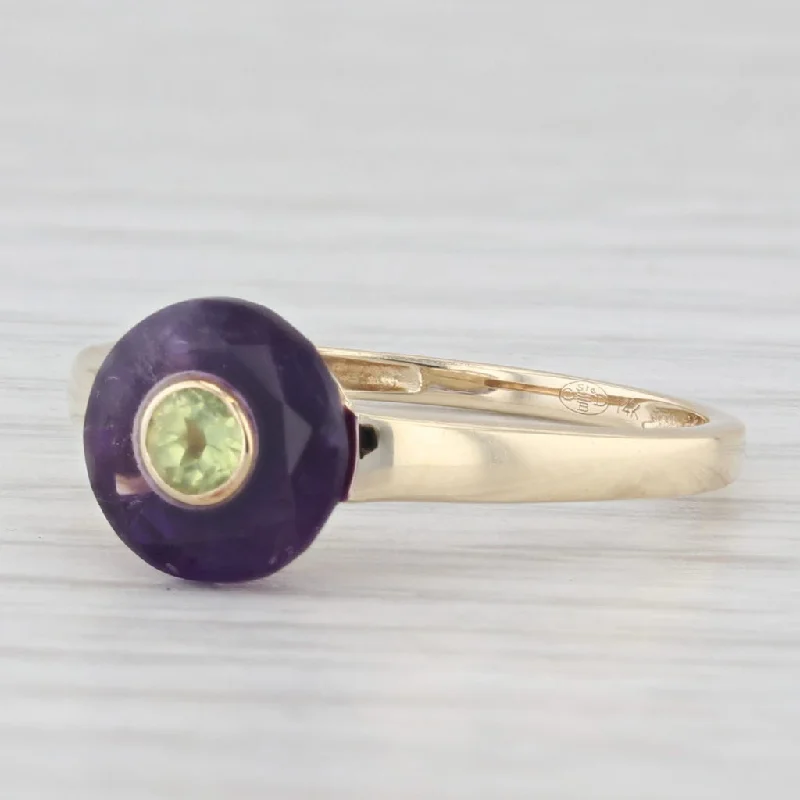 wedding and engagement rings for women-Round Purple Amethyst Green Peridot Ring 14k Yellow Gold Size 6.25