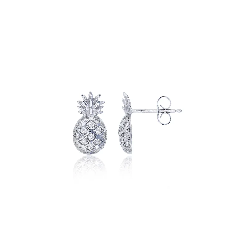 cuff earrings for women-Micropave CZ Pineapple Stud Earrings (Silver)