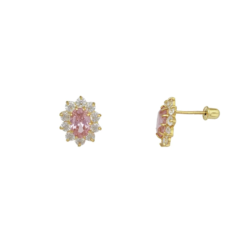 long earrings for women-Oval Halo Color Gemstone Stud Earrings (14K)