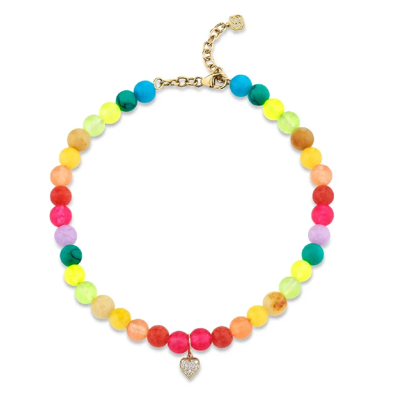 cuff bracelet for women-Gold & Diamond Tiny Heart Rainbow Jade Anklet