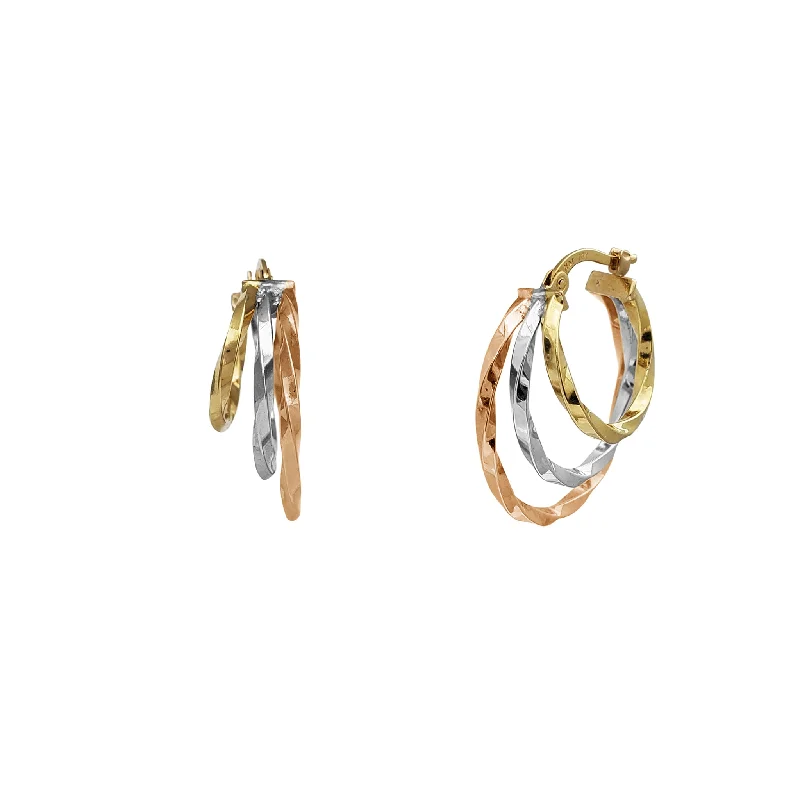 gold chandelier earrings for women-Tricolor Trio Twist Hoop Earrings (14K)