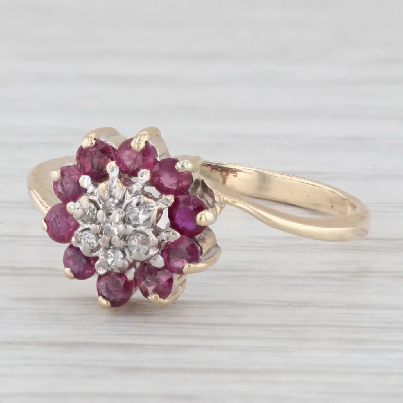 colorful gemstone engagement rings for women-0.75ctw Ruby Halo Diamond Cluster Flower Ring 10k Yellow Gold Size 8.75