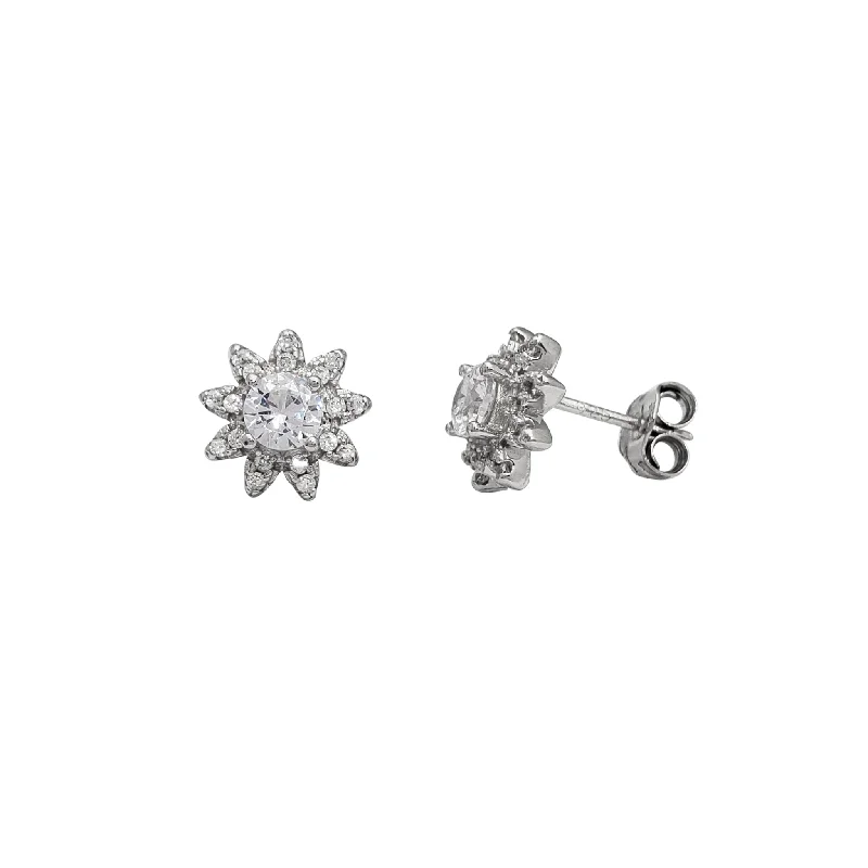 vintage earrings for women-Zirconia Flower Stud Earrings (Silver)