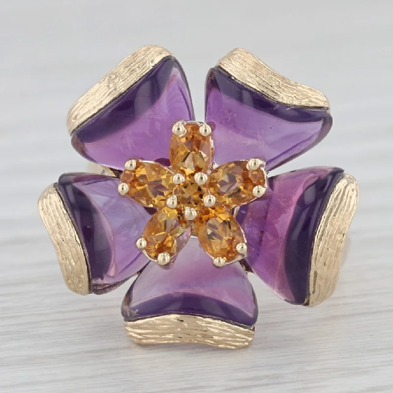 custom engagement rings for women-Amethyst Citrine Flower Statement Cocktail 14K Yellow Gold Ring Size 8.25