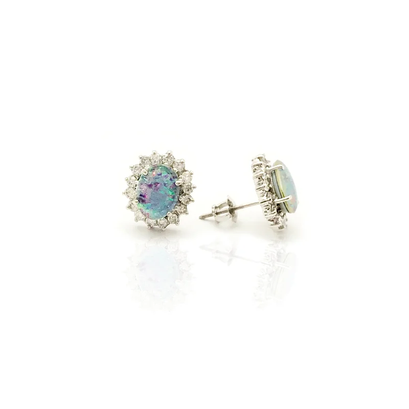 pearl earrings for women-Opal Diamond Oval Frame Stud Earrings (14K)