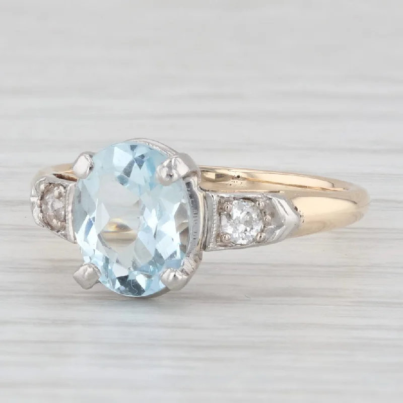 halo engagement rings for women-Vintage 1.69 ctw Aquamarine Diamond 14K Yellow Gold Platinum Ring Size 6.75