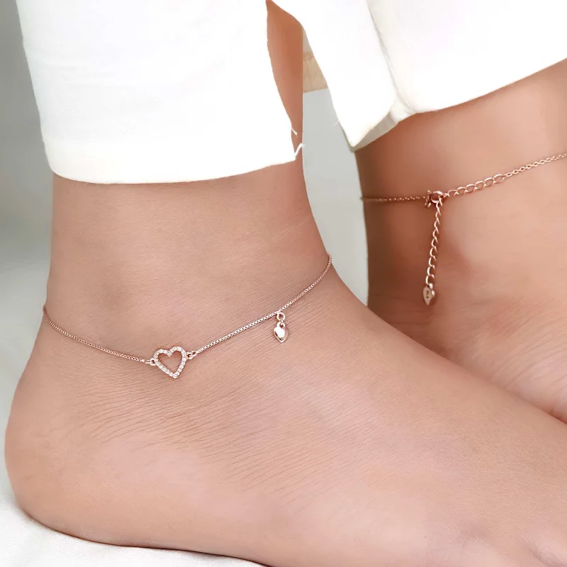 anklet for summer for women-Rose Gold Lovely Heart Charm Anklet