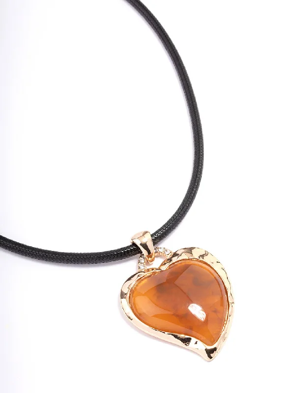 gold pendant necklace for women-Gold Cord Textured Puffy Heart Pendant Necklace