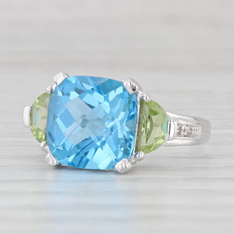 stackable engagement rings for women-6.50ctw Cushion Blue Topaz Peridot Ring 14k White Gold Size 7