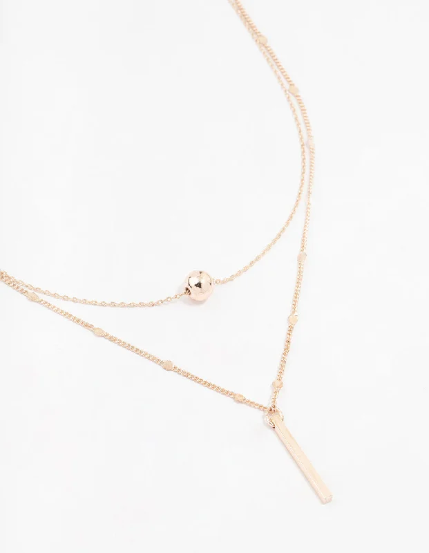 gold choker necklace for women-Rose Gold Bar & Ball Layered Chain Necklace