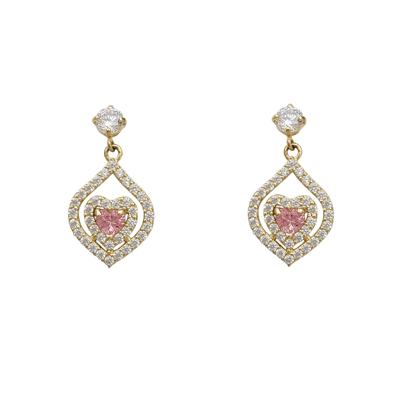 birthstone earrings for women-Zirconia Halo Heart Dangling Stud Earrings (14K)