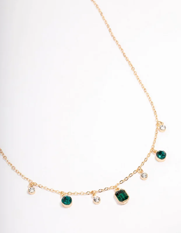 initial necklace for women-Gold Diamante & Green Pendant Necklace