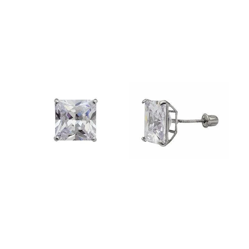 dangling earrings for women-[Screw-back] Zirconia Princess-cut Solitaire Stud Earrings (14K)