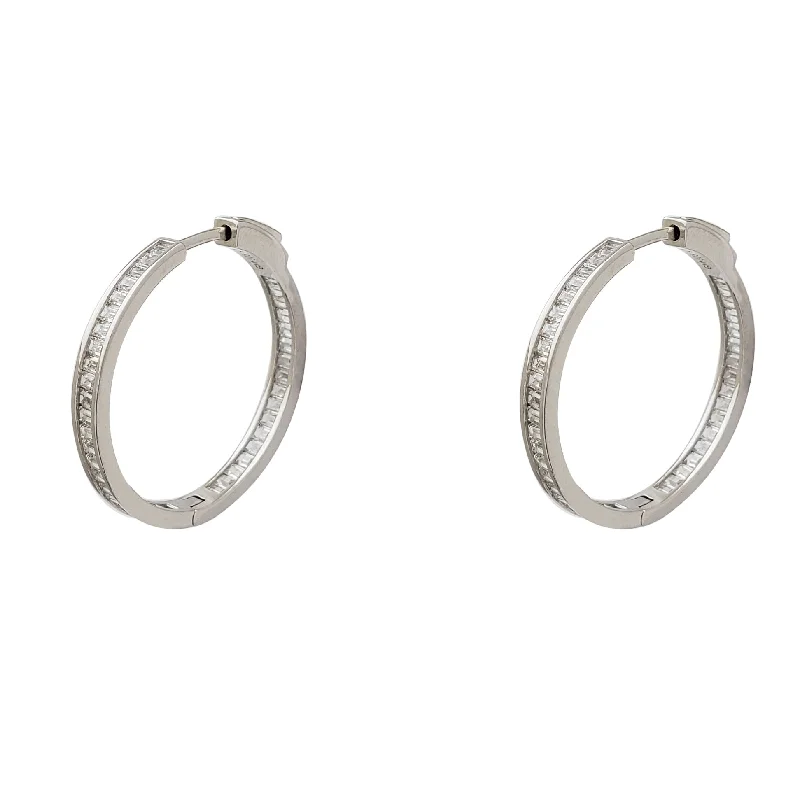 luxury gemstone earrings for women-Baguette Cz Inside-Out Hoop Earrings (Silver)